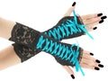 Black blue womens gloves fingerless mittens long arm warmers gothic goth costume, gloves elbow length lacing corset goth bridal costume