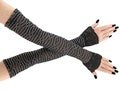 Extra long sleeves black silver arm warmers gloves over elbow evening lurex thread fingerless gloves, womens costume glove stretch arm cover