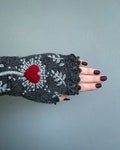 LARGE Size Valentine's Day Gloves With Heart, Knitted Fingerless Gloves With Heart, Embroidered Mittens, Grey And Red, Gifts Girlfriend