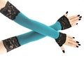 Extra long sleeves black turquoise fingerless gloves, womens arm warmers over elbow evening gloves, opera costume formal gloves handmade