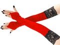 Red velvet womens gloves with black lace, long sleeves opera gloves over elbow fingerless womens gothic goth arm warmers formal evening