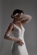 Soft Bridal Opera Gloves With Elegant Pleats, One Layer Bridal Gloves With 3D Effect, Bridal Accessories Set