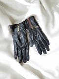 Vintage Genuine Leather Black Gloves Made In Italy, Gold Zip Detail, Faux Fur Lined, High End, Black Vintage Gloves Wrist Length 1990s Y2K