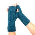 Hand Knit Fingerless Mitts with Mock Cables, Warm Merino Wool, Deep Teal Blue Colored Yarn, Knitted Gift for Women, Mittens