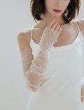 Pearl Long Wedding Gloves - Tulle Fingerless Gloves with Pearl Bridal Sheer Gloves Custom Ruched Arm Warmers Bridal Shower Gift for Bride