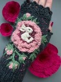 Sleeping Bunny In A Peony Flower, Hand Knitted Fingerless Gloves, Gloves With Rabbit, Embroidered Mittens,  Gifts For Women, Christmas Gift