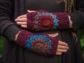 Chunky sunflower crochet wristwarmers. wine red wool blend