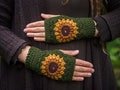 Sunflower crochet wristwarmers. Forest Green. Soft merino wool