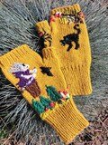 Hand knitted Halloween Fingerless Mittens with Baba Yaga and Black Cat Embroidery