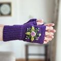 Embroidered Cottagecore Gloves with bow, Purple Womens Fingerless Gloves Winter, Unique Ethereal Accessories for Fall