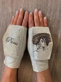 Fingerless leather mittens with embroidery and beads Paris driving leather gloves with secret pocket by Lina Sych stylish mitains for cash