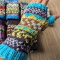Handmade woolen knit fleece-lined multi color fingerless gloves