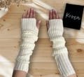 Super Long Cream Knitted Arm Warmers - Personalised Bag - Vegan Cosy Fingerless Wrist Hand Gloves Trendy Girls Knit Soft Custom Name Gift