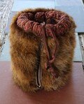 late 30s early 40s Fur MUFF with Dark Salmon Pink Satin Zippered Purse Wrist Strap