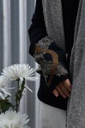 GLOVELY Designer wool fingerless gloves, one-of-a-kind creation, black wool with grey and brown accents.