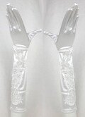 Pair of long satin gloves with lace, pearls, beading. One size fits all for Formal Occasions, Opera, Costumes white ivory