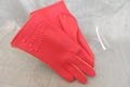 Childs orange gloves / vintage, wrist length, small vinyl and cotton gloves w button decoration / child age 3-7 gloves