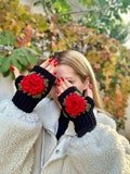 Crochet Winter Gloves, Handmade Gloves, Red Rose Gloves, Floral Gloves, Warm Winter Gloves, Colorful Gloves Christmas Gift