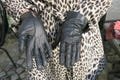 Black leather gloves, short gloves