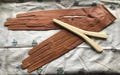 Antique ladies gloves collectors dainty handmade tan kid leather unworn gold tone buttons by Hermann early to mid 1800's