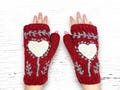 Hand Knit Terracotta Rust Heart Embroidered Fingerless Gloves Brick Wool Texting Mittens Fleece Lined Winter Women's Birthday Christmas Gift