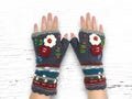 Hand Knit Gray Embroidered Flower Fingerless Gloves Wool Texting Mittens Fleece Lined Winter Women's for Her Christmas Birthday Gift